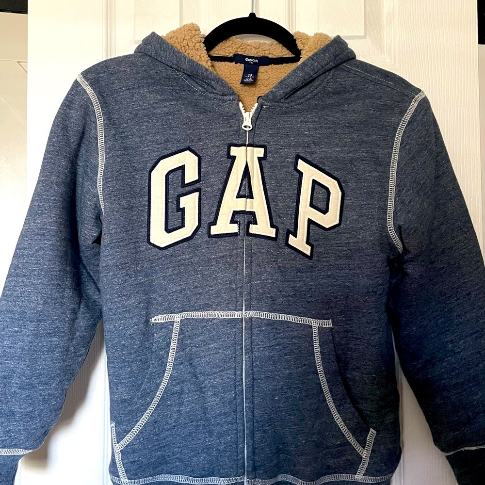 GapKids Boy’s Teddy Lined Zipper Hoodie- Blue/White, Size Medium